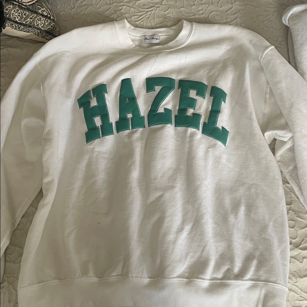 White Sweatshirt with Green 'HAZEL' Print